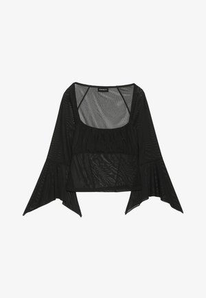 Fekete hálós blúz négyzet alakú nyakkivágással, gyűrt elülső részlettel és széles harangujjakkal. Könnyű és áttetsző textúra az egész anyagon.
