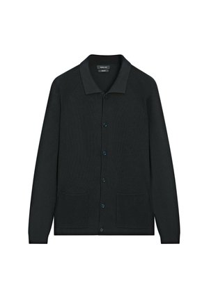 Black knitted cardigan with a polo collar, front button closure, and two front pockets. Features ribbed texture throughout.