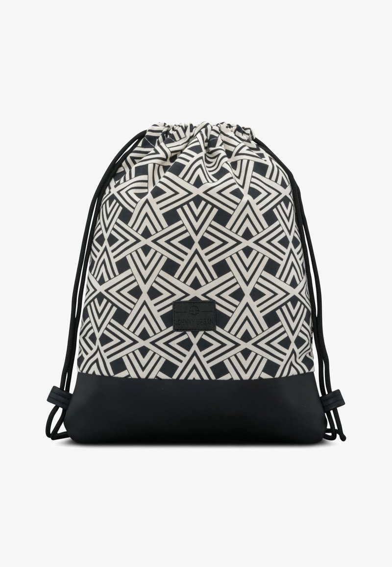 Sac à dos à cordon avec motif géométrique noir et blanc et fond noir uni, avec cordons noirs et petite étiquette à l'avant.
