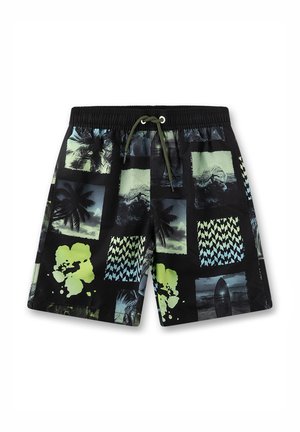 Schwarze Badeshorts mit tropischen und Surf-Fotopatches, Palmen sowie abstrakten grünen und blauen Mustern, mit elastischem Bund und Kordelzug.