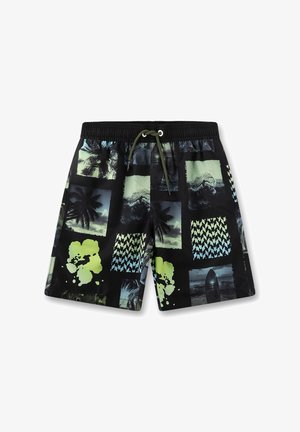 Schwarze Badeshorts mit tropischen und Surf-Fotopatches, Palmen sowie abstrakten grünen und blauen Mustern, mit elastischem Bund und Kordelzug.