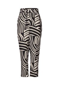 Pantalons courts à motifs noir et blanc avec une taille élastique, présentant des lignes abstraites de différentes épaisseurs et des poches latérales.