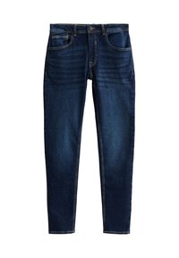 Mörkblå denim skinny jeans med framfickor, bälteshällor och knäppning, visade liggande på en vit bakgrund.
