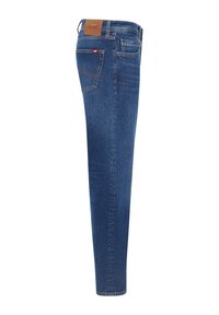 Slim-fit sinised denimid, millel on keskmise tõusuga vöökoht, tagakoti detailid ja nahast silt vöökoht. 