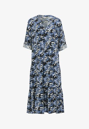 Blumenkleid mit V-Ausschnitt, kurzen Ärmeln und gestuftem Saum. Entworfen in Blau, Schwarz und Weiß mit einem blättrigen Muster. Leichter Stoff.