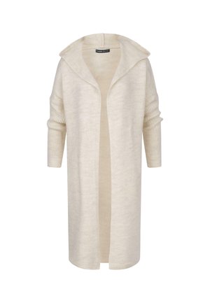 Langer, offener Cardigan aus einem hellbeigen Strickstoff, mit Kapuze, gerippten Ärmelabschlüssen und einer lockeren Silhouette.