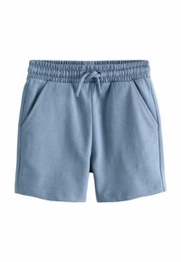 Pantaloncini in cotone azzurro chiaro con elastico in vita, coulisse regolabile e due tasche laterali. Texture liscia e design alla lunghezza del ginocchio.
