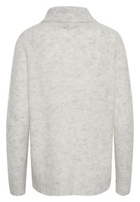 Light gray, textured knit sweater with a collared neckline and long sleeves. The back is unadorned with a smooth finish.