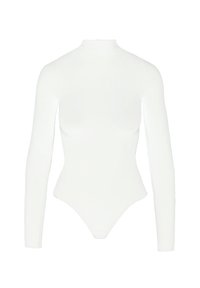 Weißer Langarm-Body mit hohem Kragen und figurnahem Design. Glatte Textur, minimalistischer Stil und String-Schnitt am unteren Ende.