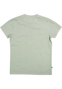 Schlichtes hellgrünes kurzärmeliges Baumwoll-T-Shirt, flach liegend mit sichtbaren Nähten und einem kleinen schwarzen Etikett an der unteren Seitennaht.