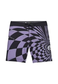 Maillot de bain noir et violet avec un motif en damier en spirale, une ceinture noire avec un lien à l'avant et un logo sur la jambe droite.