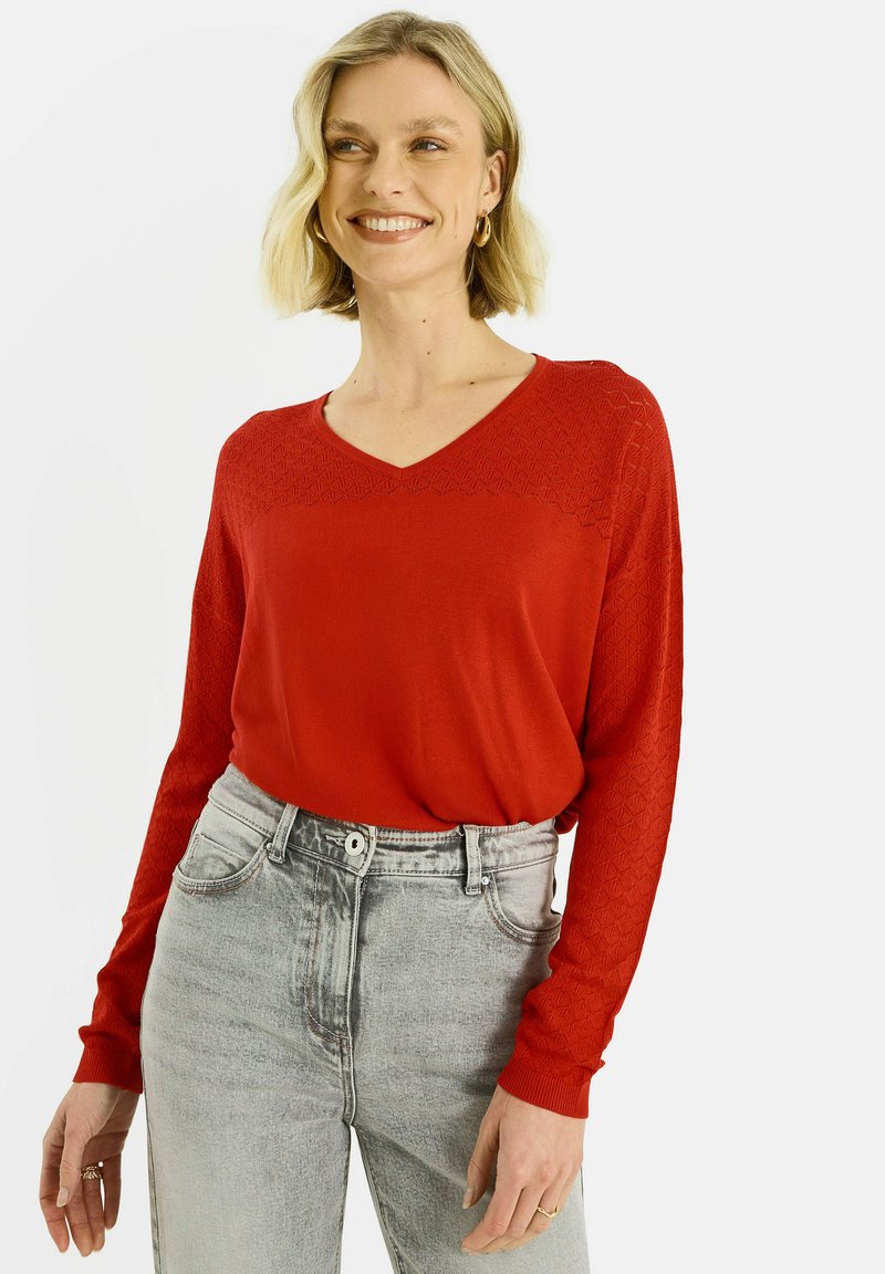 Suéter rojo de manga larga con escote en V, que presenta un patrón texturizado en los hombros. Combinado con jeans de tiro alto en gris claro.