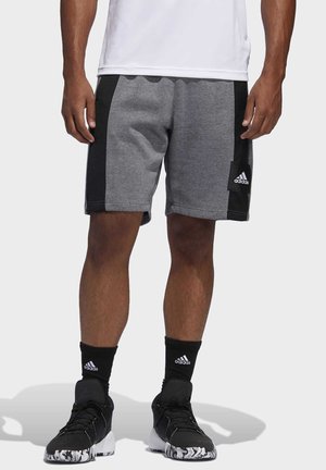 Uomo che indossa pantaloncini Adidas grigi e neri, calzini Adidas neri e scarpe da ginnastica nere su uno sfondo chiaro uniforme.
