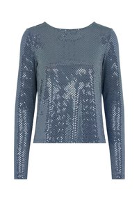 Sininen pitkähihaine paita, joka on peitetty metallinhohtoisilla paljeteilla. Paitassa on pyöreä pääntie ja suora leikkaus, sekä sileä pinta ja kiiltävä viimeistely.