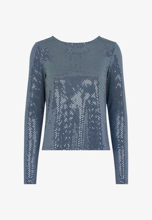 Modrá dlhá rukávová blúzka pokrytá metalickými flitrami, so zaobleným výstrihom a rovný strih, s hladkým povrchom a lesklým finišom.