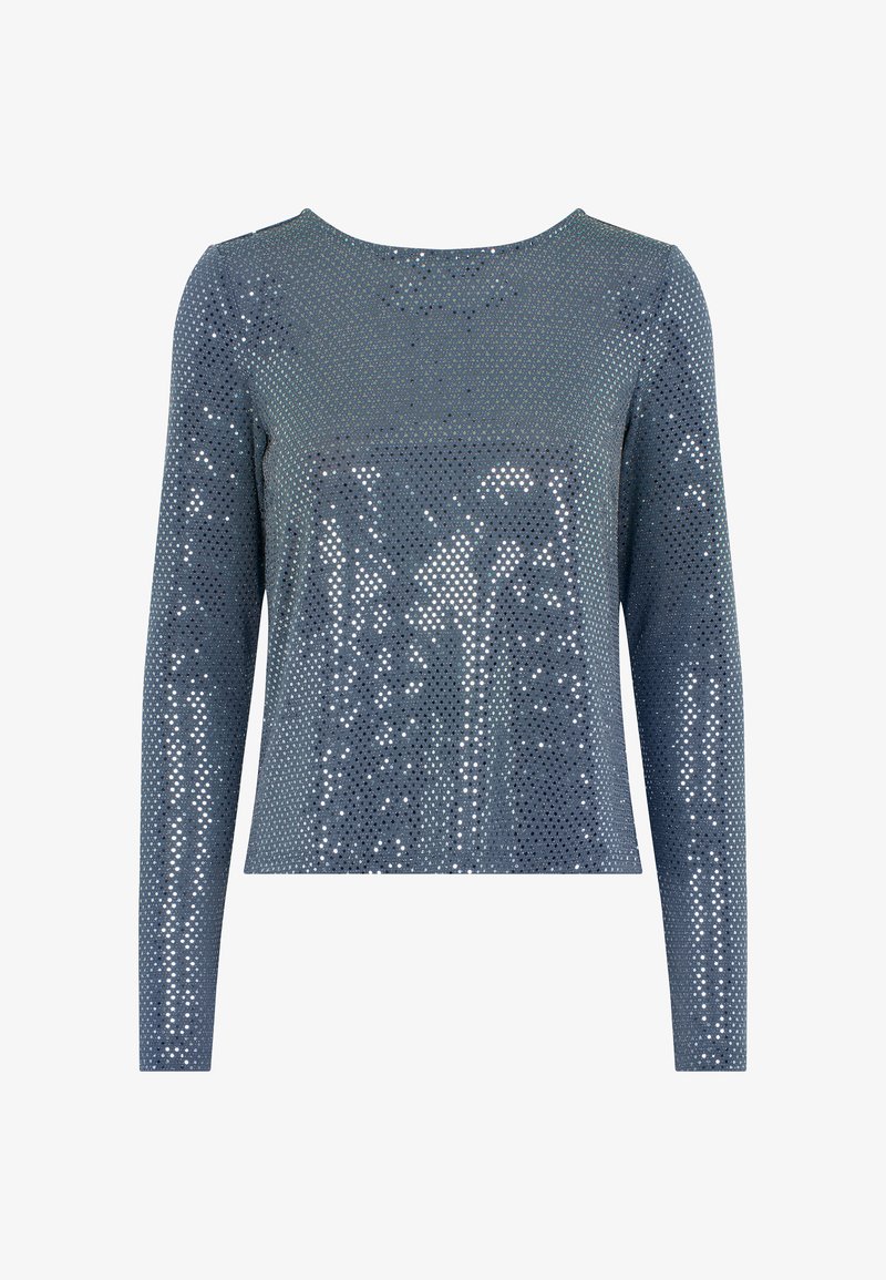 Haut à manches longues bleu recouvert de sequins métalliques, avec un décolleté arrondi et une coupe droite, offrant une texture lisse et une finition brillante.