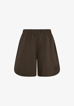 Temno rjavi šorty iz mehke tkanine, z elastičnim pasom in zaobljenim robom ter majhnim logotipom na strani.