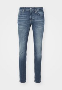 Smala blå denimjeans med en blekt finish, femfickorsdesign, gylf med dragkedja och sömdetaljer längs sömmarna.