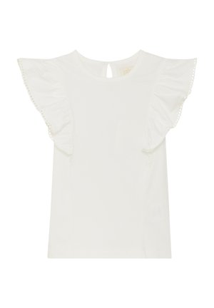 Biała bluzka bez rękawów z falbankami na krawędziach oraz małym otworem na plecach zapinana na guzik, wykonana z lekkiego materiału.
