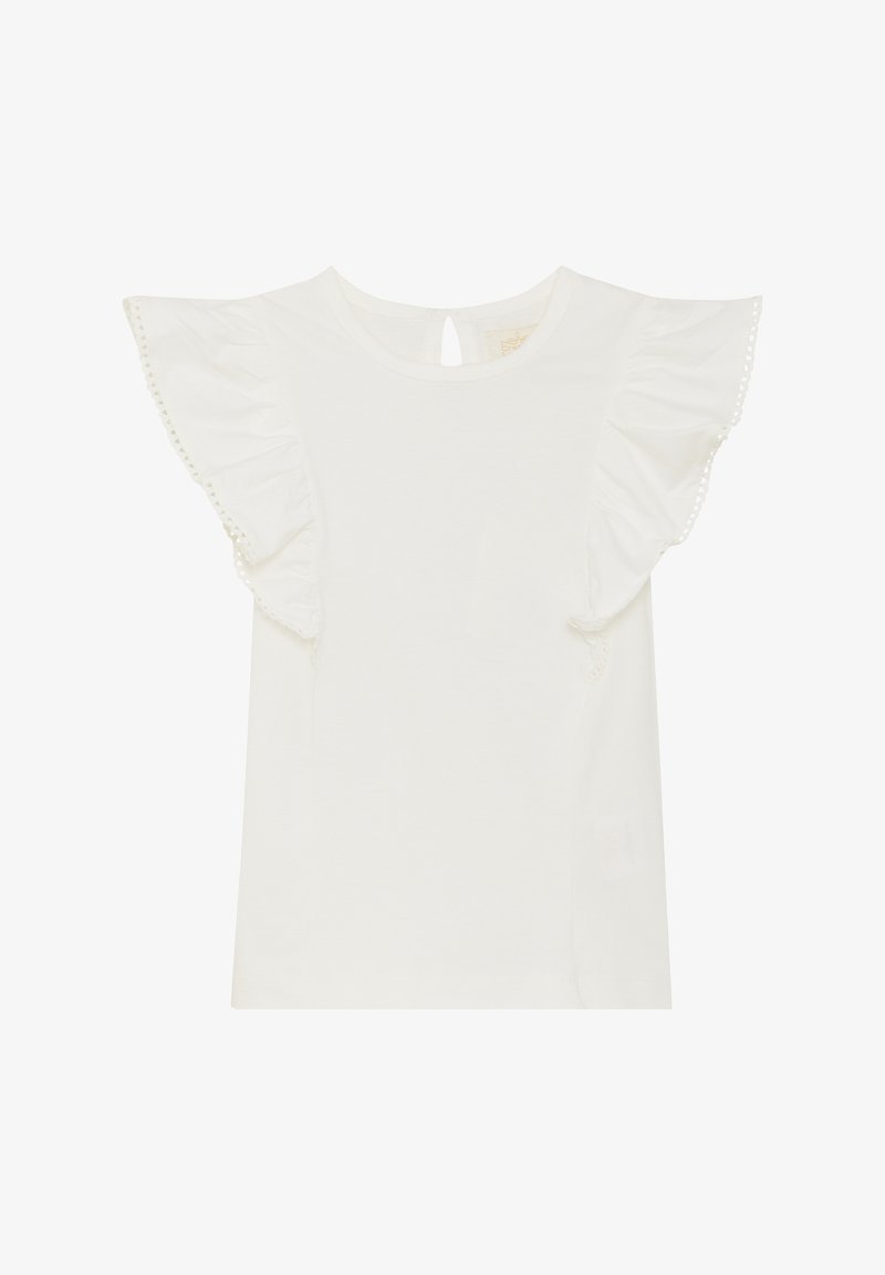 Blouse blanche sans manches avec bords froncés et petite fermeture boutonnée en forme de trou à l'arrière, réalisée en tissu léger.