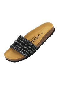 Sandal nera slip-on con superiore in tessuto intrecciato, plantare in sughero e suola in gomma testurizzata. Presenta motivi a freccia bianchi sulle cinghie.
