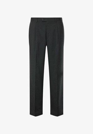 Donkergrijze op maat gemaakte broek van een gladde stof. Voorzien van zijzakken, een knoopsluiting aan de voorkant en een rechte pijp.