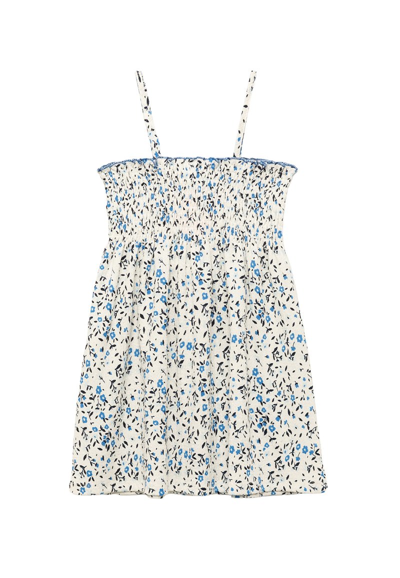 Vestido floral con patrones en azul y negro sobre un fondo crema. Cuenta con tirantes finos y un corsé fruncido para un estilo ajustado.