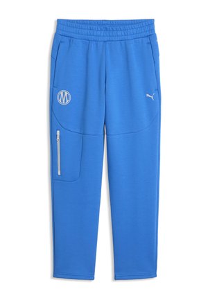 Blauwe sportbroek met elastische tailleband, ritssluiting zak op het linkerbeen en wit Puma- en cirkelvormig logo op de bovenbenen.