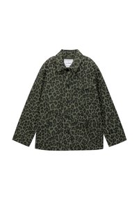Green leopard print jacket with a collar, long sleeves, two front patch pockets, and five buttons on the front for closure.