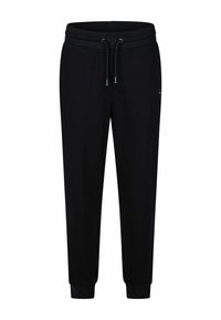 Zwarte joggingbroek van zacht materiaal, met een elastische tailleband met trekkoord, geribbelde boorden en een klein logo-detail aan de zijkant.