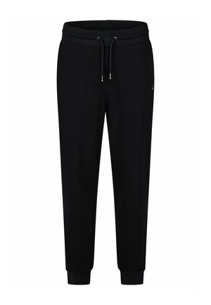 Pantalons de jogging noirs en tissu doux, dotés d'une taille élastique avec cordons de serrage, de poignets côtelés et d'un petit logo sur le côté.