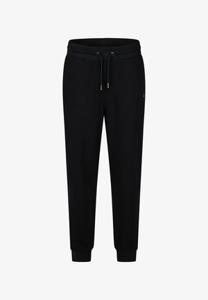 Pantalons de jogging noirs en tissu doux, dotés d'une taille élastique avec cordons de serrage, de poignets côtelés et d'un petit logo sur le côté.
