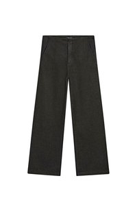 Videbenede sorte denim bukser med en mid-rise talje, to forlommer og et rent, minimalistisk design uden synlige dekorationer.