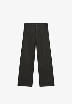 Pantaloni in denim neri a gamba larga con vita media, due tasche frontali e un design pulito e minimalista senza decorazioni visibili.