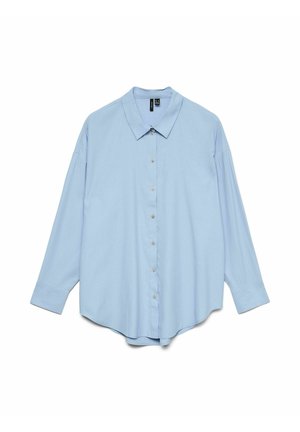 Chemise bleu clair à boutons, manches longues, col et coupe décontractée. Caractérisée par une texture lisse et six boutons sur le devant.