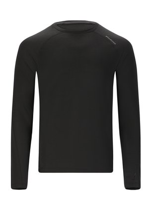 Langärmliges schwarzes Sportshirt, glatte Textur, runder Halsausschnitt, taillierte Passform, minimales Branding auf der Schulter, leichtes Material.