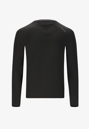 Langärmliges schwarzes Sportshirt, glatte Textur, runder Halsausschnitt, taillierte Passform, minimales Branding auf der Schulter, leichtes Material.