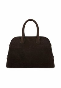Donkerbruine suède handtas met een gestructureerde vorm, dubbele handvatten en een ritssluiting. Gladde textuur met subtiele stikdetails.