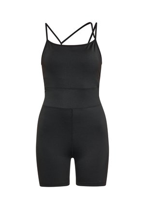 Juodas romperis su spaghetti diržais, prigludusiomis formomis, be siūlių tekstūra ir iki vidurio šlaunų ilgumu. Diržai turi kryžminį detalę gale.