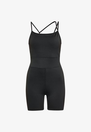 Rompers neri con spalline sottili, design aderente, texture senza cuciture e lunghezza a metà coscia. Le spalline presentano un dettaglio incrociato sul retro.