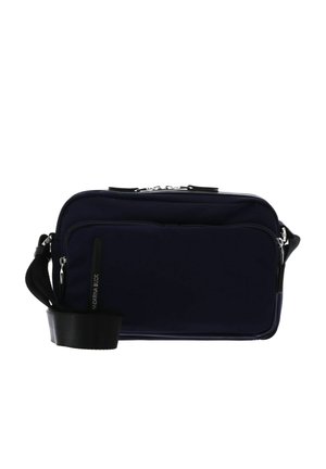 Navy blue rectangular crossbody bag with front zip pocket and adjustable black shoulder strap on white background.