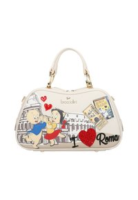 Borsa bianca con personaggi dei cartoni animati, cuori rossi, "I ❤️ Roma" in nero e dettagli a tema viaggio. Presenta ferrature dorate e una forma strutturata.