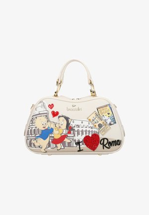 Borsa bianca con personaggi dei cartoni animati, ferrature dorate ed elementi decorativi. Presenta il Colosseo stampato, un cuore rosso e un motivo di viaggio.