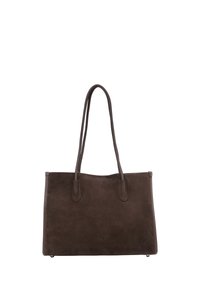 Brązowa zamszowa torba typu tote z dwoma długimi uchwytami, o prostokątnym kształcie, gładkiej fakturze, minimalistycznym designie i bez widocznych detali metalowych.