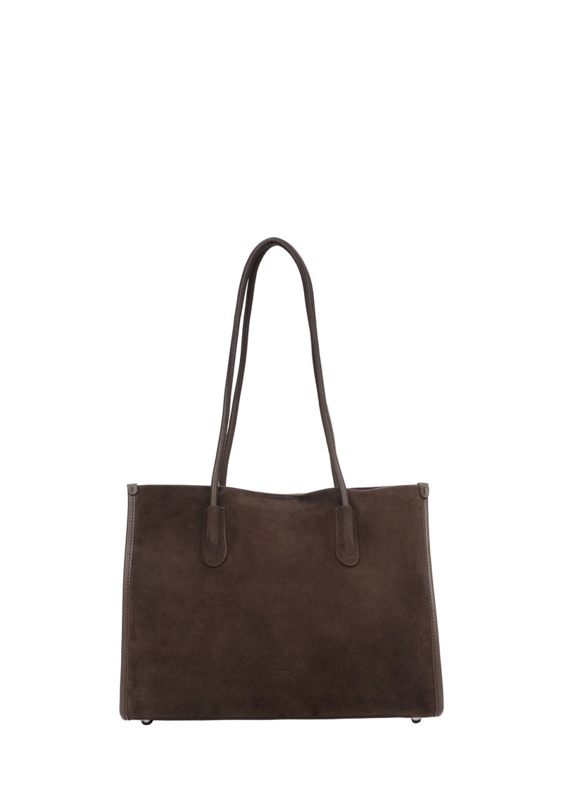 Brązowa zamszowa torba typu tote z dwoma długimi uchwytami, o prostokątnym kształcie, gładkiej fakturze, minimalistycznym designie i bez widocznych detali metalowych.