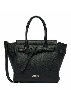 Borsa a mano in pelle nera con texture, manici doppi, dettaglio a cintura sulla parte frontale, tracolla removibile e logo Lasocki.