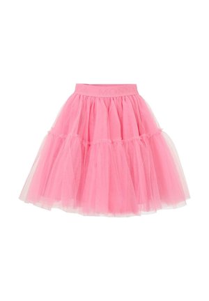 Jupe en tulle rose avec un design superposé, présentée avec un ourlet en volants et une taille élastique embossée avec "MONNA." Légère et volumineuse.