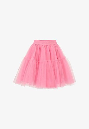 Rosa Tüllrock mit einem geschichteten Design, das einen gerafften Saum und einen elastischen Taillenbund mit dem Aufdruck "MONNA" aufweist. Leicht und voluminös.