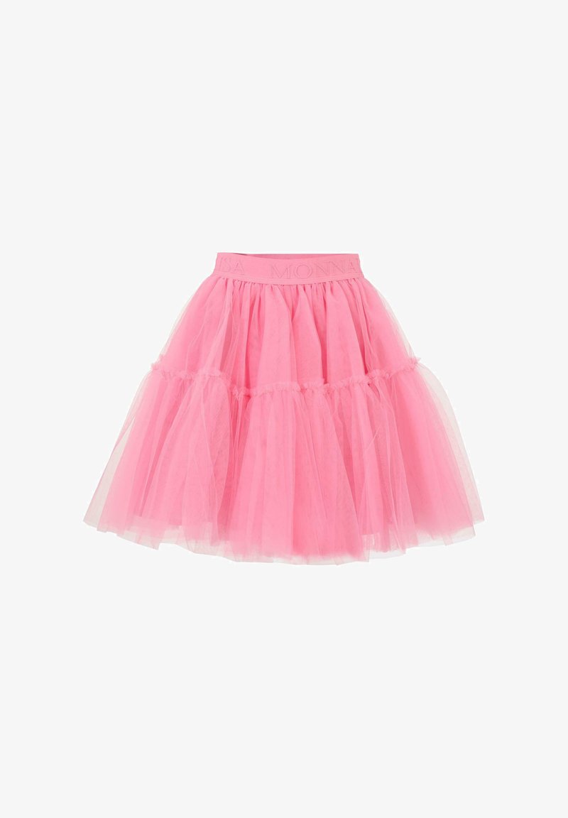 Rosa Tüllrock mit einem geschichteten Design, das einen gerafften Saum und einen elastischen Taillenbund mit dem Aufdruck "MONNA" aufweist. Leicht und voluminös.