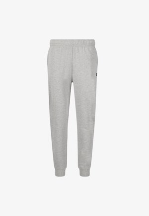 Lysegrå joggingbukser med elastisk talje og manchetter, lige pasform, lavet af blødt stof, vist på ensfarvet hvid baggrund.